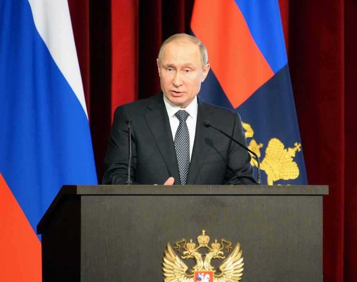 Vladimir Putin speaking at a podium with microphones