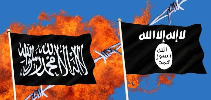 Two black extremist flags in front of flames and barbed wire