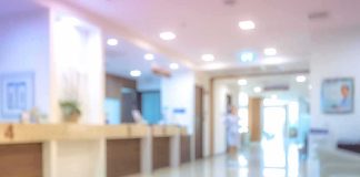 hospital reception area with bright lighting