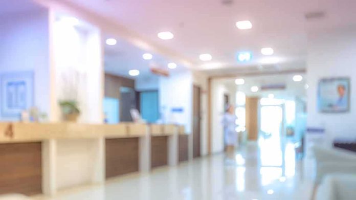 hospital reception area with bright lighting